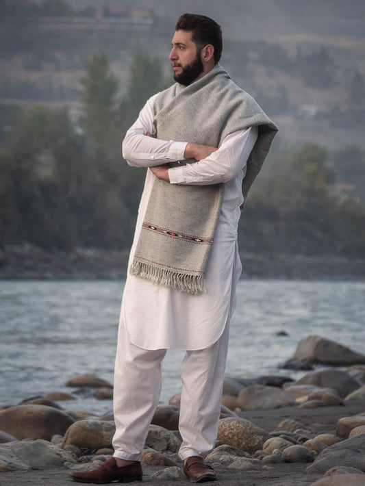 PURE PASHMINA WOOLEN SHAWL FOR MEN LIGHT-WEIGHT GRAY