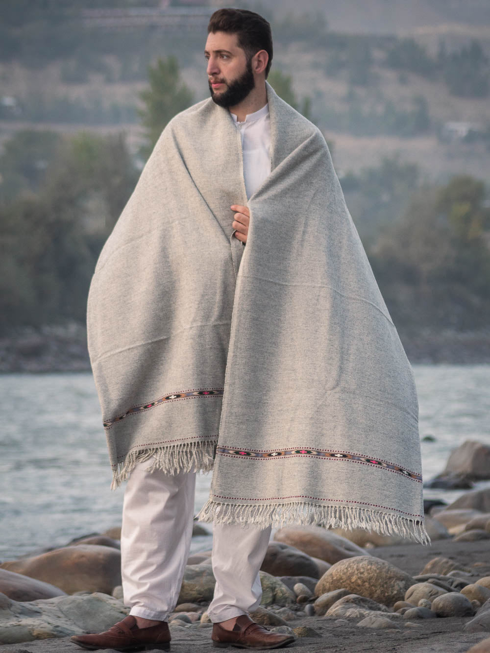 PURE PASHMINA WOOLEN SHAWL FOR MEN LIGHT-WEIGHT GRAY