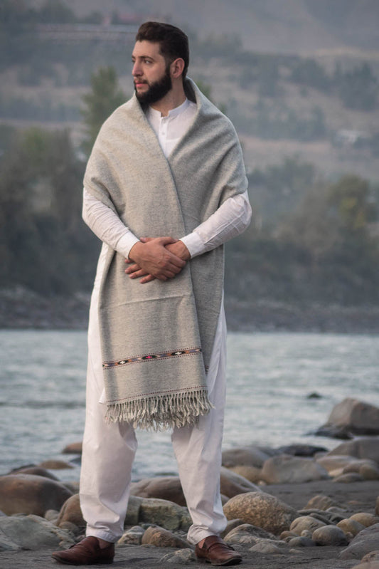 PURE PASHMINA WOOLEN SHAWL FOR MEN LIGHT-WEIGHT GRAY